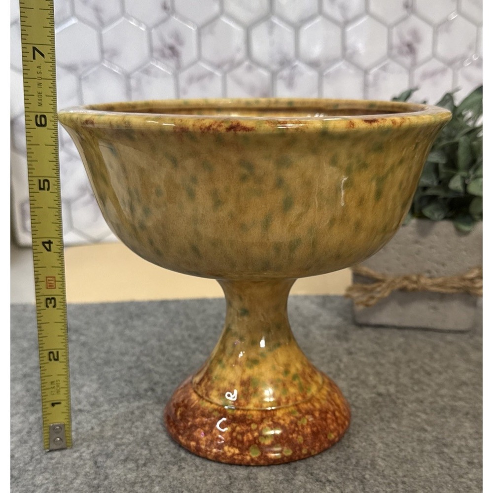 Vintage Haeger USA Gold Green Orange Drip Glaze Pedestal Compote Planter - Picture 5 of 6